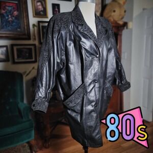 Vintage 1980s Winlit Black Leather Coat Textured Oversized Statement Jacket S